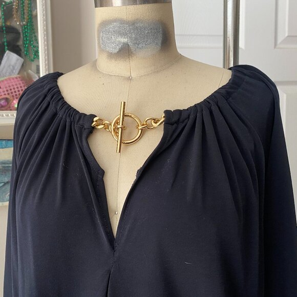 MICHAEL KORS Black Peasant Silky Slinky Gold Chain Blouse Tunic Shirt *SMALL* - Picture 2 of 5